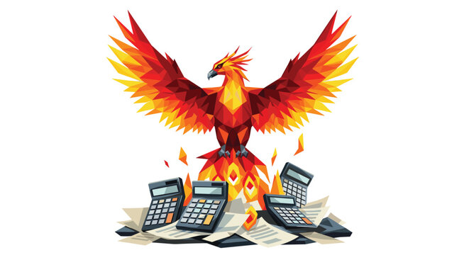 A majestic geometric low-poly phoenix bird with fiery orange and red wings rises above a messy pile of scattered calculators and documents on white space.
