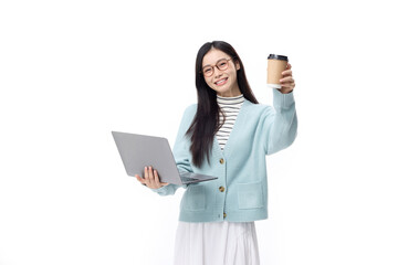 Naklejka premium Smiling Young Woman Holding Laptop and Takeaway Coffee