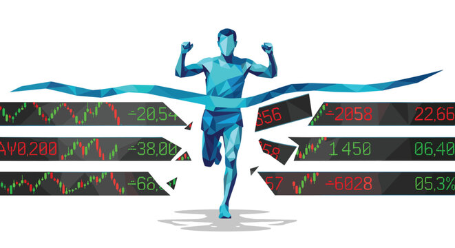 A dynamic low-poly blue runner crosses a finish line tape while surrounded by floating financial stock market ticker fragments against a white background.
