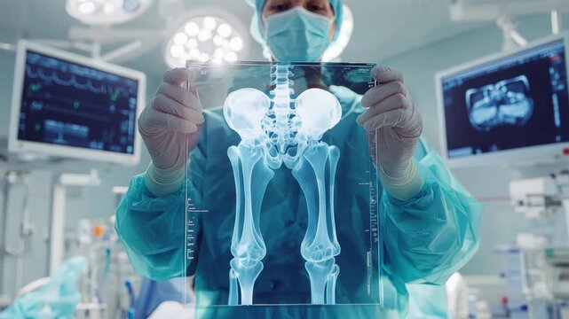 A medical professional presents an X ray showing the human skeletal structure in a modern clinic setting