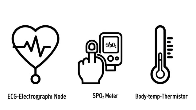 Medical monitoring icons: ecg sp o2 meter body thermometer with pulse oximeter vital signs line art monitoring electrocardiogram thermometer temperature measurement technology healthcare