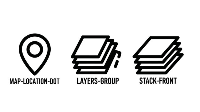 Icons depicting map location pin stacked layers group layered front view file management line art navigation position location coordinates placement software information organization