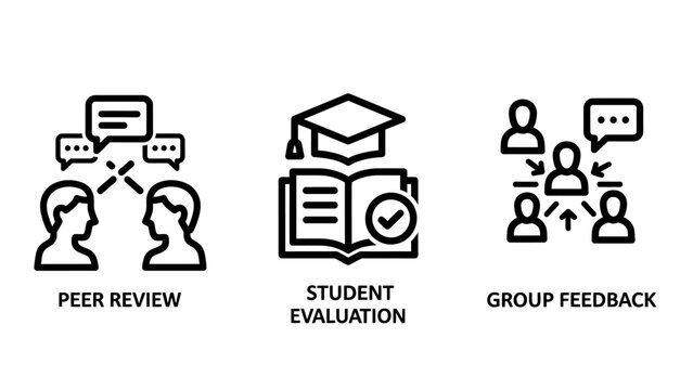 Educational icons: peer review student evaluation group feedback with graduation cap check mark line art discussion icons business icons education learning students evaluation feedback