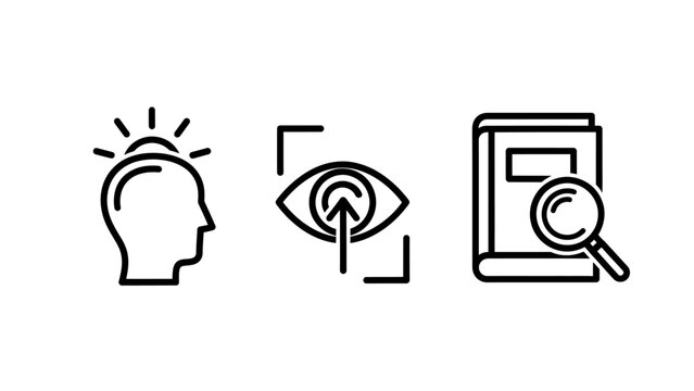 Thought eye scanning book search icons with magnifying glass data collection user interface knowledge research thinking recognition biometrics information learning education illustration