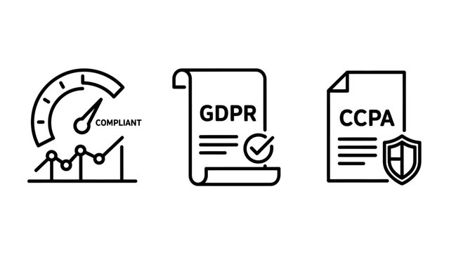 Performance gauge icon gdpr compliance document icon ccpa security shield icon performance compliance document security protection regulation progress analysis agreement certified