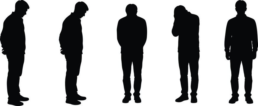 Sad and disappointed man silhouettes set showing lonely male person crying looking down and feeling regret