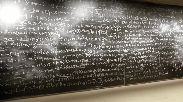 Mathematical equations on a black chalkboard in a classroom environment, highlighting knowledge and education