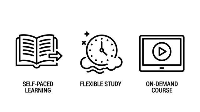 Online learning and flexible study icons: self-paced learning on-demand course options for digital education e learning on demand line art home study adult education learning