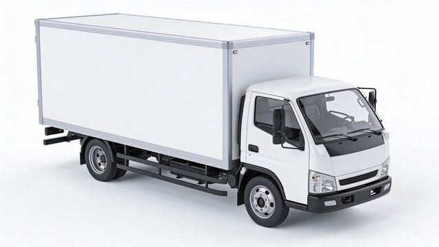 &ldquo;White delivery box truck isolated on a white background, showcasing a modern commercial cargo truck with a large blank container body. The image presents an angled front side view, emphasizing clean 