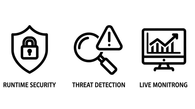 Cybersecurity icons: runtime security threat detection live monitoring with magnifying glass security cybersecurity detection monitoring protection internet computer antivirus firewall