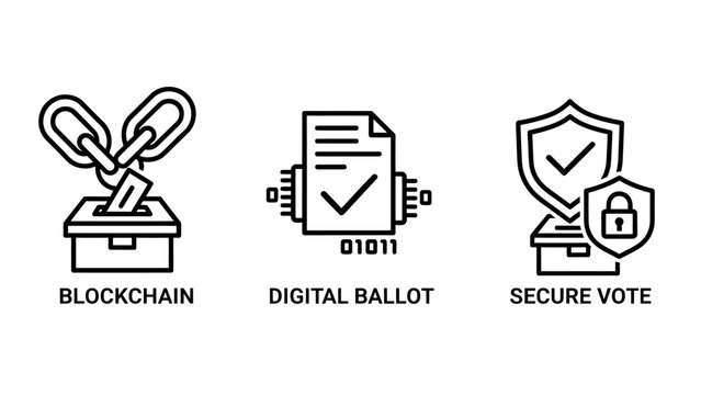 Blockchain digital ballot secure vote outline icons for electronic voting systems and cybersecurity concepts with e voting system distributed ledger ballot box data processing blockchain