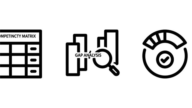 Business analysis icons: competency matrix gap analysis performance measurement with magnifying glass key performance indicators business analysis competency performance measurement strategy