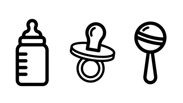 Outline icons of baby feeding bottle pacifier rattle toys representing newborn care and childhood items child care baby shower childhood pacifier parenthood accessories illustration