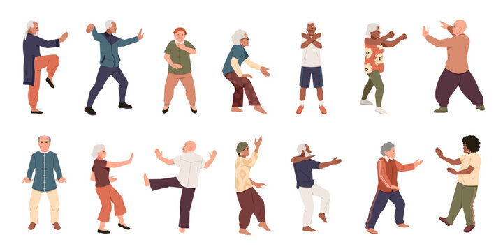 Tai chi senior people. Elderly men and women characters do chinese gymnastics, healthy flexible body, qigong exercise, balance training and group fitness activity tidy vector cartoon flat set