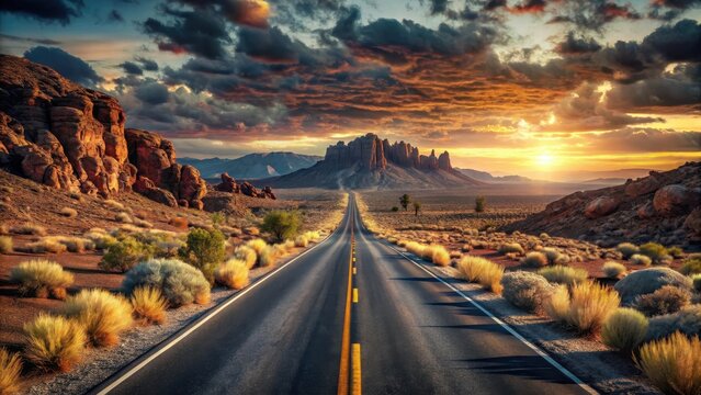 A lone straight road running through a rocky desert with low bushes