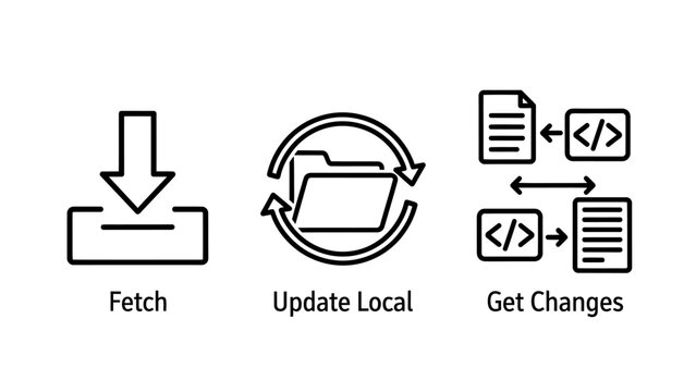 Line art icons for data synchronization and version control fetch update local get changes operations for files and code with file management data transfer source control synchronization software