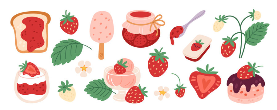 Strawberry products. Sweet berries desserts, fruit homemade jam, ice cream, popular taste, cake, panna cotta and yogurt, Cute hand drawn food garish vector cartoon flat style isolated set