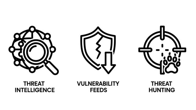 Cybersecurity threat intelligence vulnerability feeds threat hunting line icons set with data security network security digital protection cyber defense internet security it security paw print