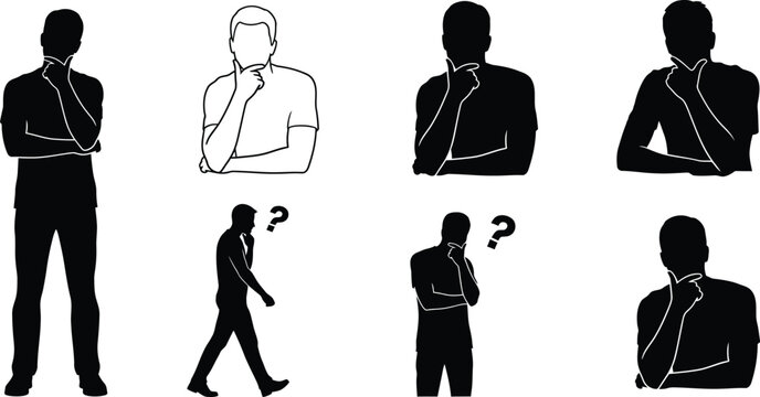 Thinking man silhouettes and outline set with thoughtful male character holding chin in confusion