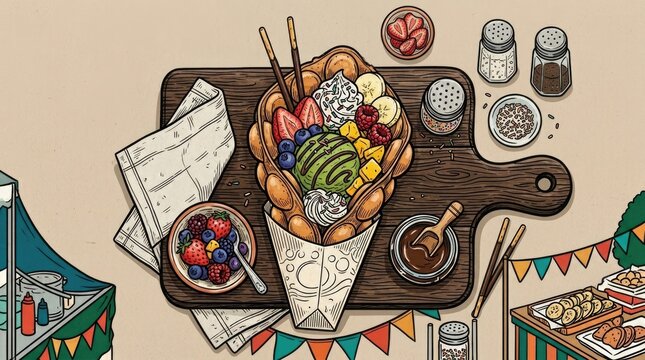 Delicious bubble waffle flat lay display with fresh fruits and toppings for cafe menu design or social media background