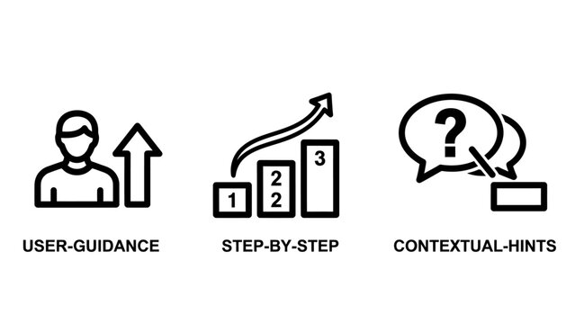 User onboarding and guidance line icon set including step by step progress and contextual hints for web application interface design and user training with guidance onboarding progress contextual