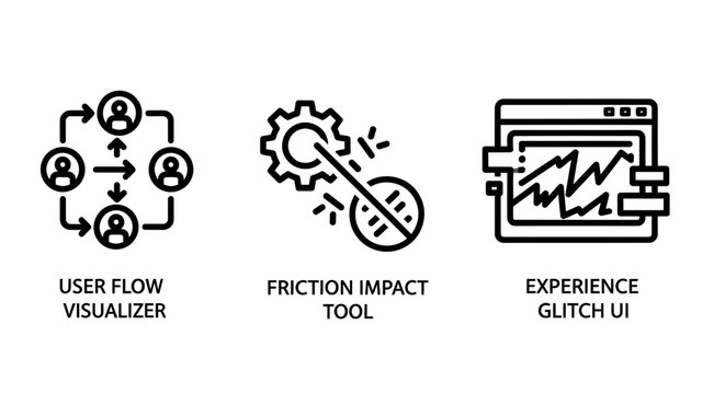 User experience UX design line icon set featuring user flow visualizer friction impact tool and experience glitch UI symbols for digital product development visualizer friction experience software