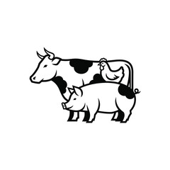 Fototapeta premium Farm Animals Group with Cow Pig and Chicken Livestock Silhouette, Editable Vector Solid Illustration