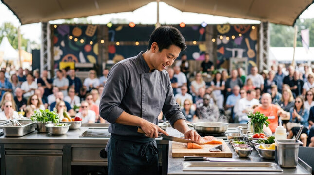 Culinary demonstration with chef preparing food on stage at outdoor event with engaged audience and vibrant festival atmosphere