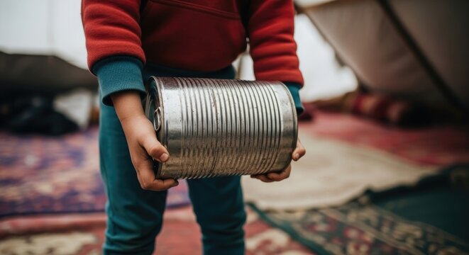 Young child holding tin can with focus on hands, indoor scene, cozy tent background, concept of simplicity and basic needs