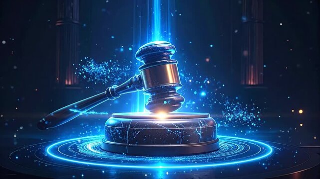 A glowing wooden gavel rests on a dark marble base platform