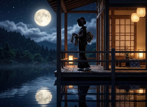 Generated AI set photos Enchanting Japanese Night Silhouette of Kimono Lady Under Full Moon Reflecting on Lake
