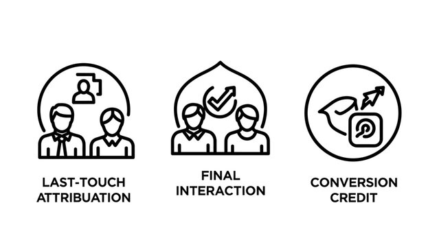 Marketing attribution models icons set for last-touch attribution final interaction conversion credit analysis in business marketing reports marketing attribution analytics conversion