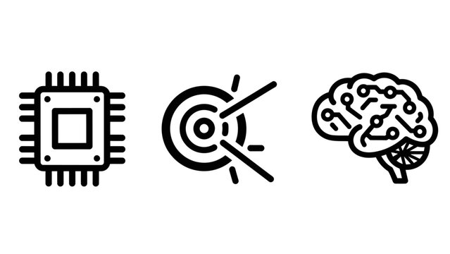 Technology and artificial intelligence icons including a computer chip processor precision target neural network human brain circuit for smart computing concepts high tech technology computer
