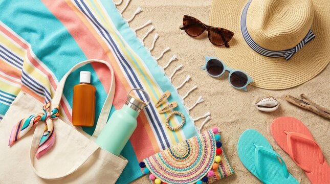 Vibrant summer beach essentials flat lay with accessories on sandy background