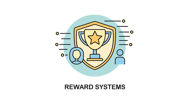 Flat line illustration of a business reward system concept showing a trophy shield and employee recognition profile icons with achievement recognition employee business motivation gamification