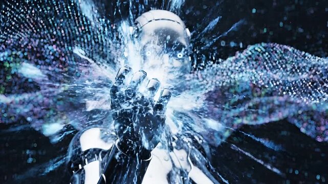 Futuristic Robot Interacting with Digital Data Stream.