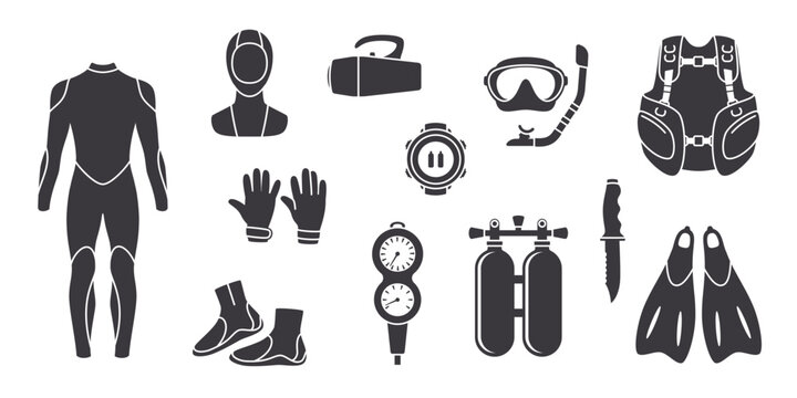 Scuba diving icons. Black flat underwater equipment silhouettes, marine adventures, sea sport logo, mask, fins and regulator, logotype elements design, classy vector cartoon set