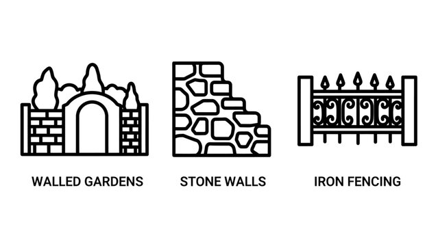 Line art icon collection of external boundaries including walled garden entrance traditional stone walls decorative iron fencing for architectural design boundary enclosure architecture