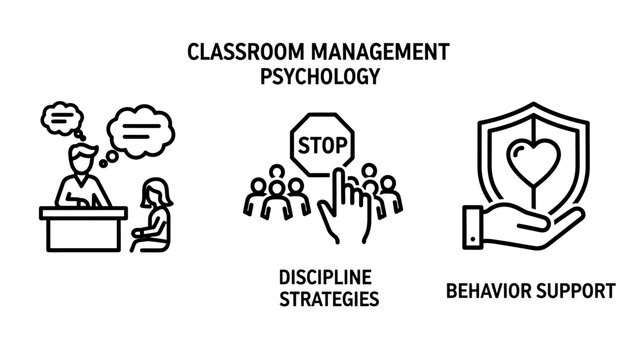 Classroom management and student behavior support icon set for psychology and discipline strategies with classroom management psychology discipline behavior education strategies learning