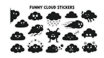 Obraz premium Minimalist Funny Cloud Silhouette Vector Icon Set Sticker Sheet
