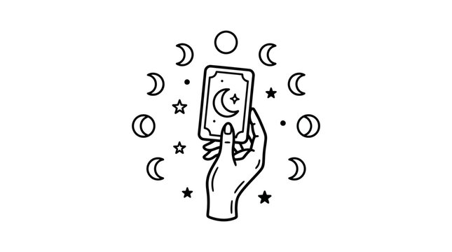 Hand holding a tarot card with moon phases.