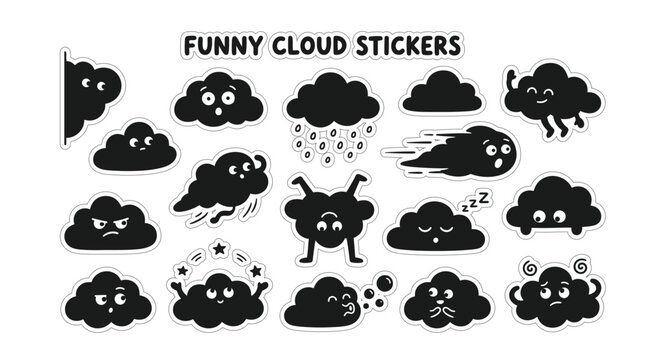Minimalist Funny Cloud Silhouette Vector Icon Set Sticker Sheet