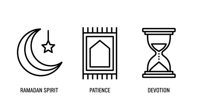 Set of ramadan and spiritual growth concept icons with crescent hourglass patience devotion religion tradition spiritual reflection meditation religious minimalist celebration observance