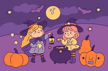 Obraz premium Kawaii witch girls. Funny sorceress friends brewing magical potion, halloween night, cute characters, cauldron among pumpkins on night landscape, garish vector cartoon isolated concept