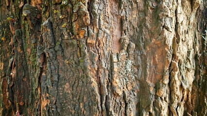 Fototapeta premium Close Up View of Ancient Weathered Tree Trunk with Textured Bark Pattern