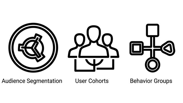 Audience segmentation user cohorts and behavior groups icons with segmentation audience behavior marketing analytics analysis customer demographic business strategy management research