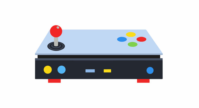 A retro gaming console with a red joystick and colorful buttons