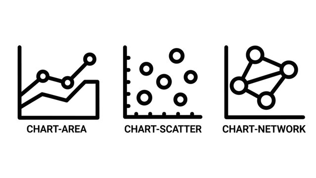 Set of data visualization icons including area chart scatter plot and network diagram with visualization graphics statistics business analysis information analytics corporate reporting