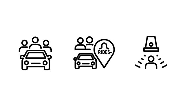 Rideshare and transport service icons with passenger and vehicle rideshare transport passenger location transportation mobility automobile technology platform destination navigation