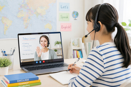 オンライン英会話レッスンを受講する小学生　自宅学習と英語教育のイメージ